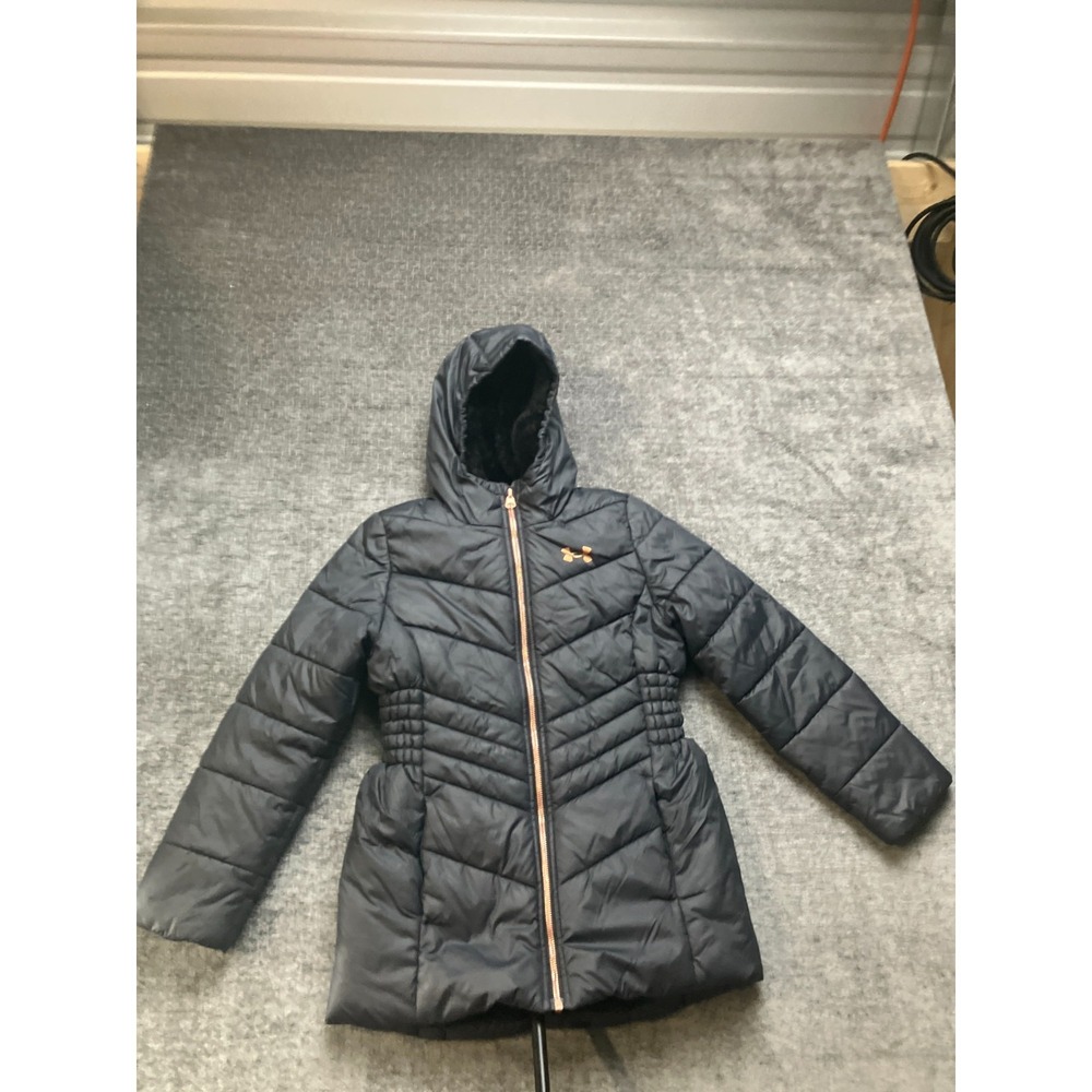 Under Armour Willow Parka Puffer Jacket Girls Medium Black Faux Fur Lined Hooded